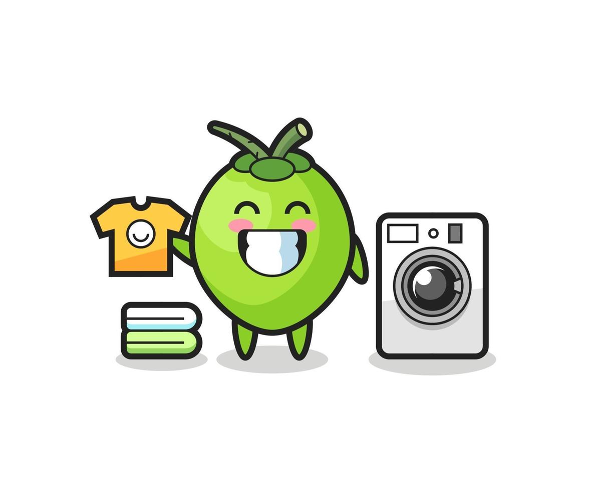 Mascot cartoon of coconut with washing machine vector