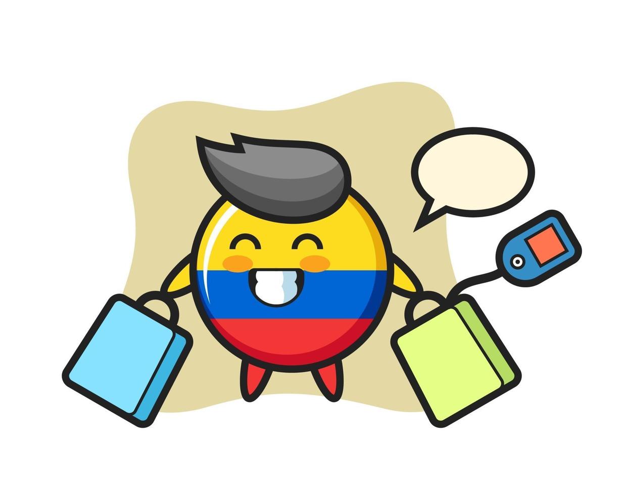 dibujos animados de la mascota de la insignia de la bandera de colombia sosteniendo una bolsa de compras vector