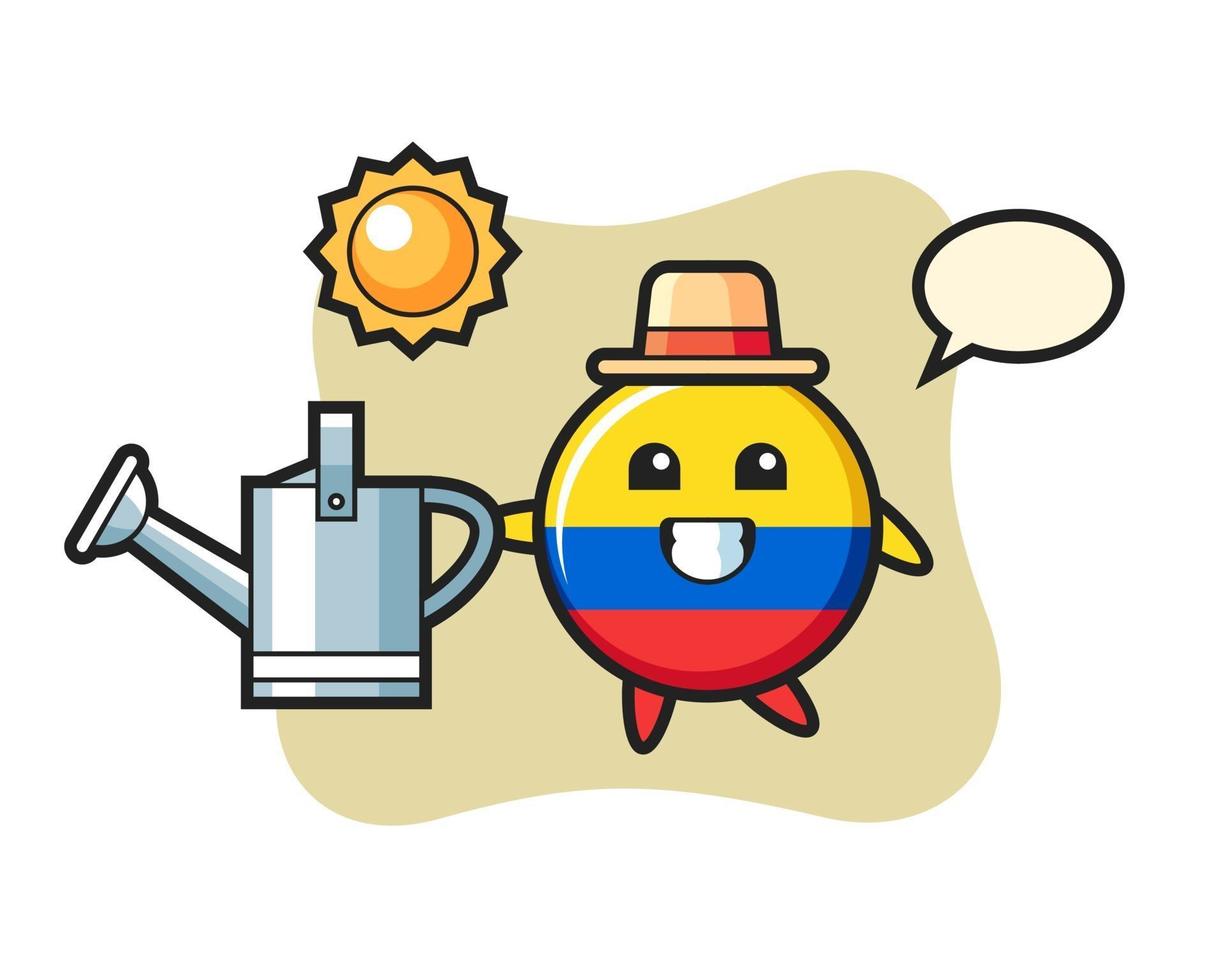Cartoon character of colombia flag badge holding watering can vector