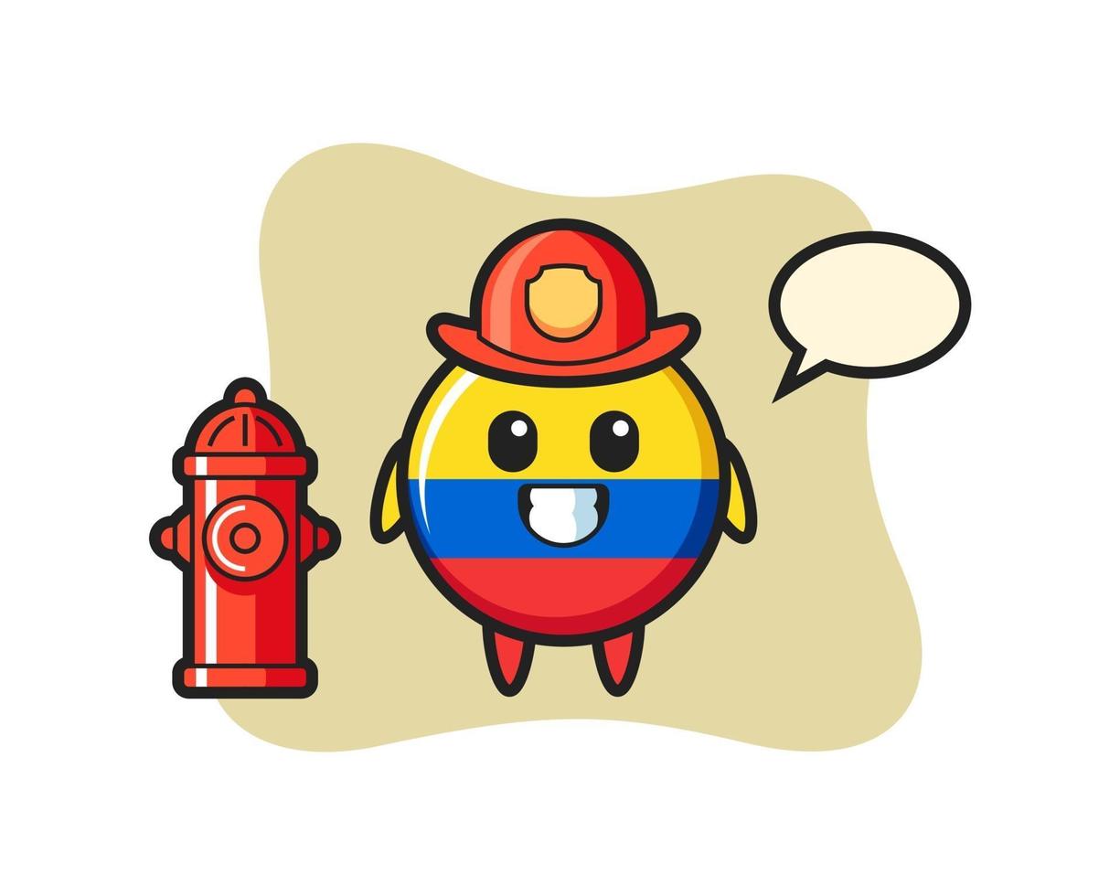 Personaje de mascota de la insignia de la bandera de Colombia como bombero vector