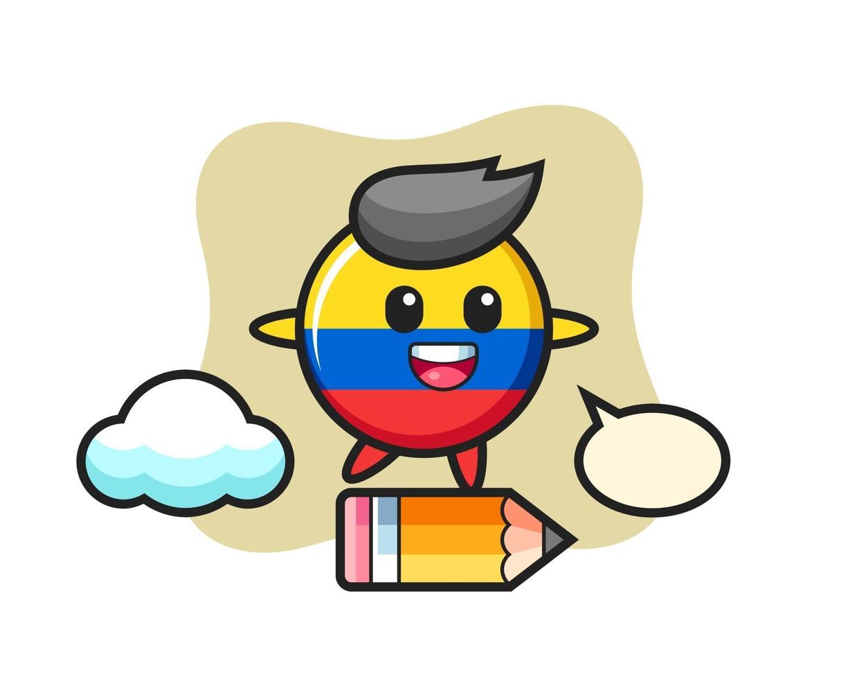 colombia flag badge mascot illustration riding on a giant pencil vector