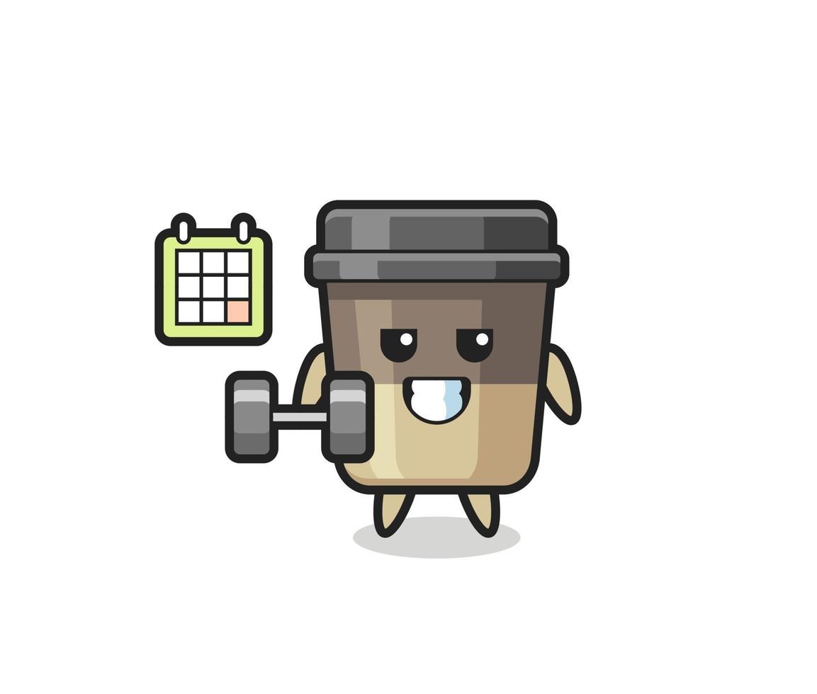dibujos animados de la mascota de la taza de café haciendo fitness con mancuernas vector