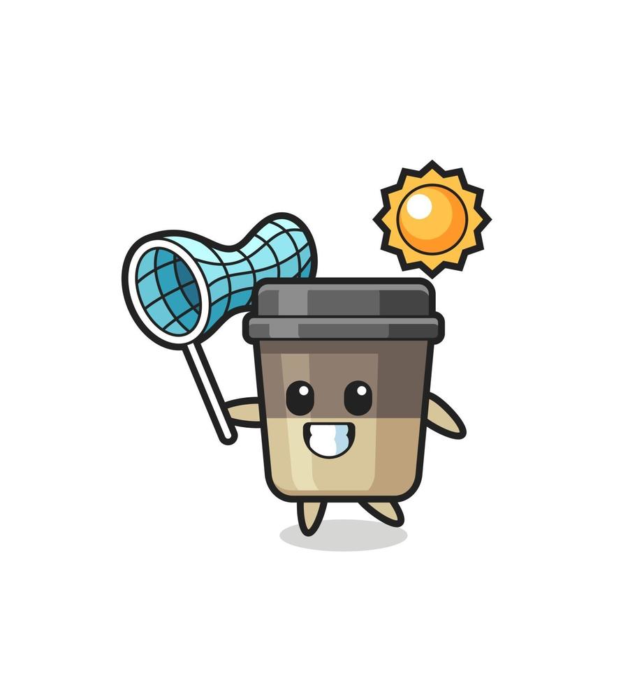 coffee cup mascot illustration is catching butterfly vector
