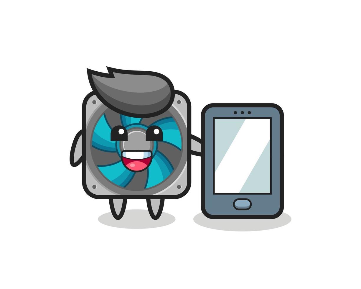 computer fan illustration cartoon holding a smartphone vector