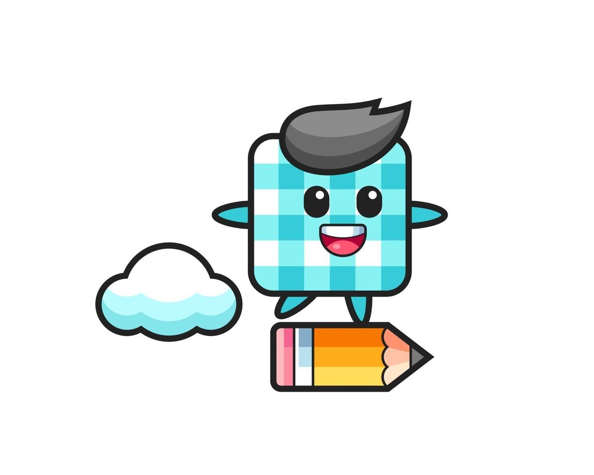 checkered tablecloth mascot illustration riding on a giant pencil vector