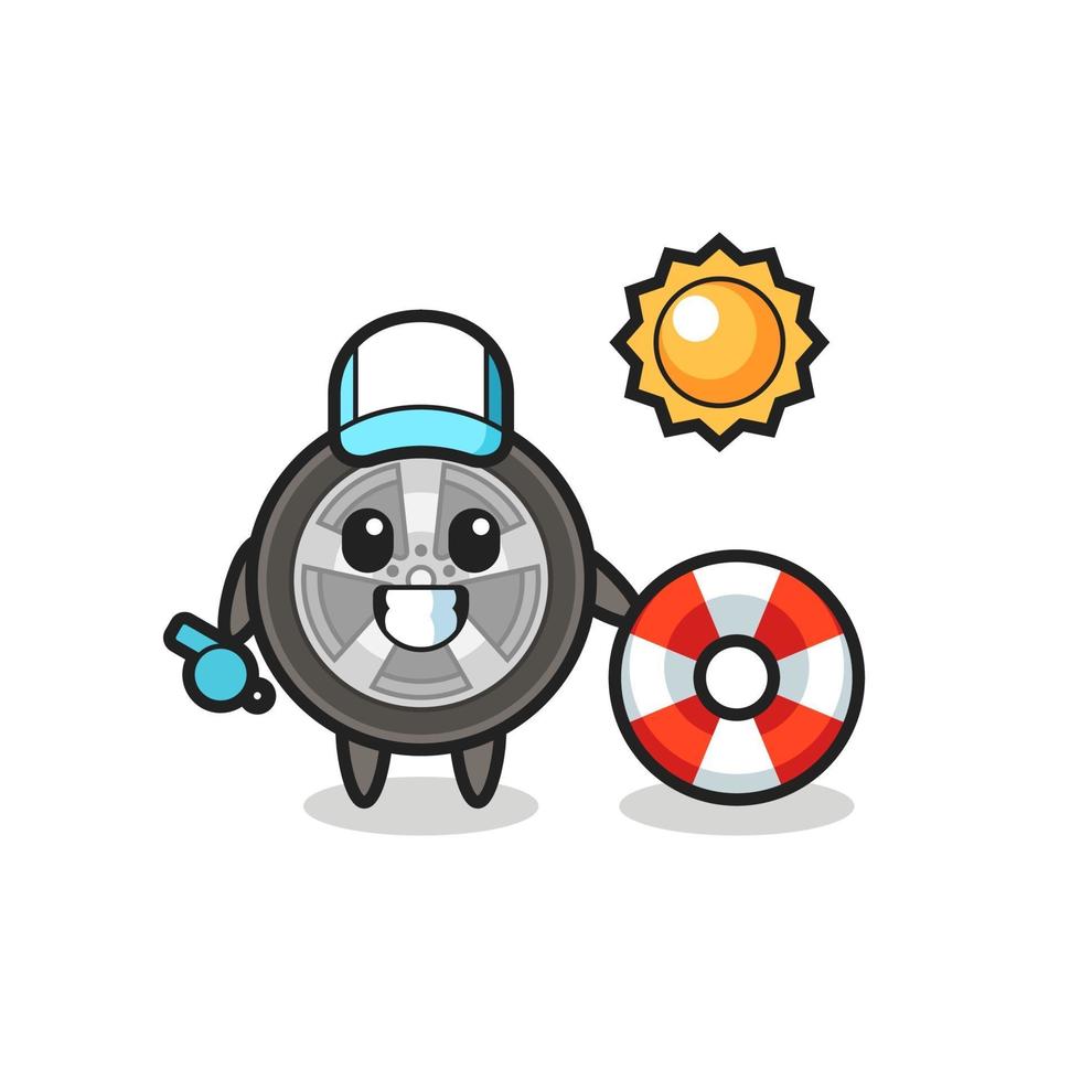 Cartoon mascot of car wheel as a beach guard vector