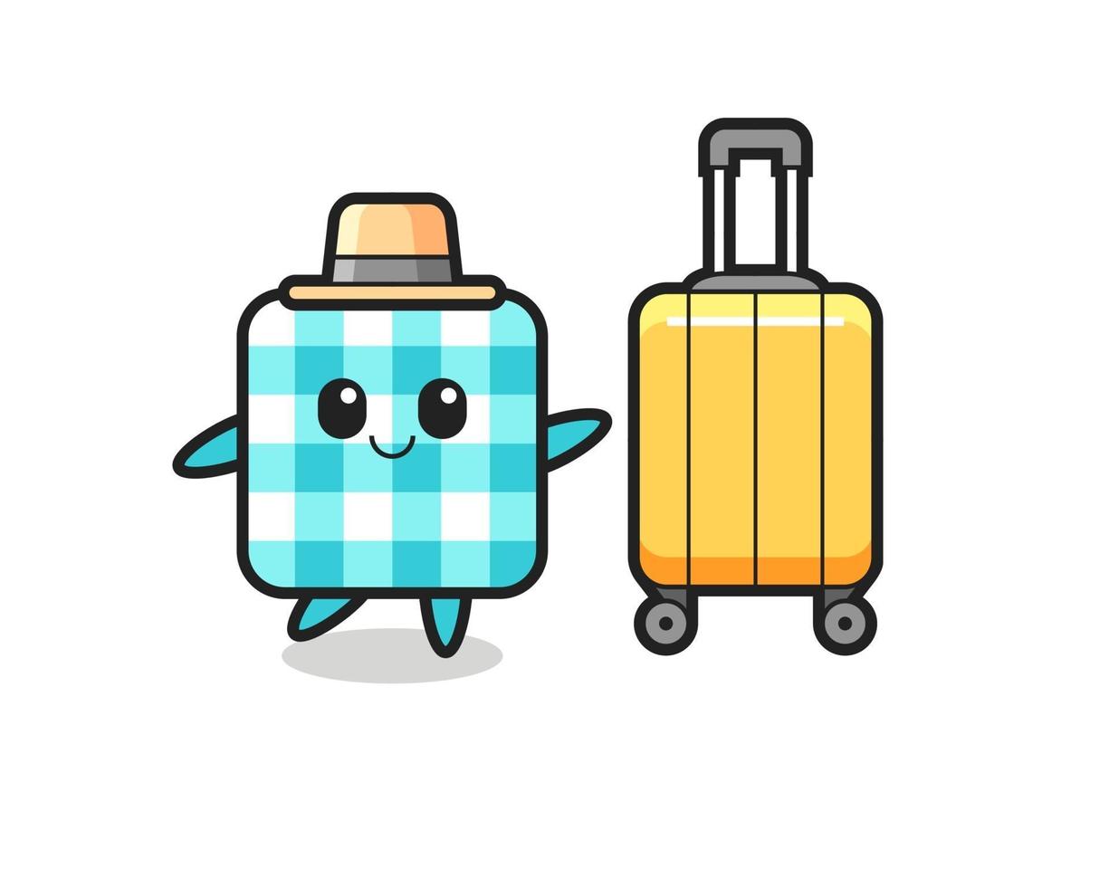 checkered tablecloth cartoon illustration with luggage on vacation vector