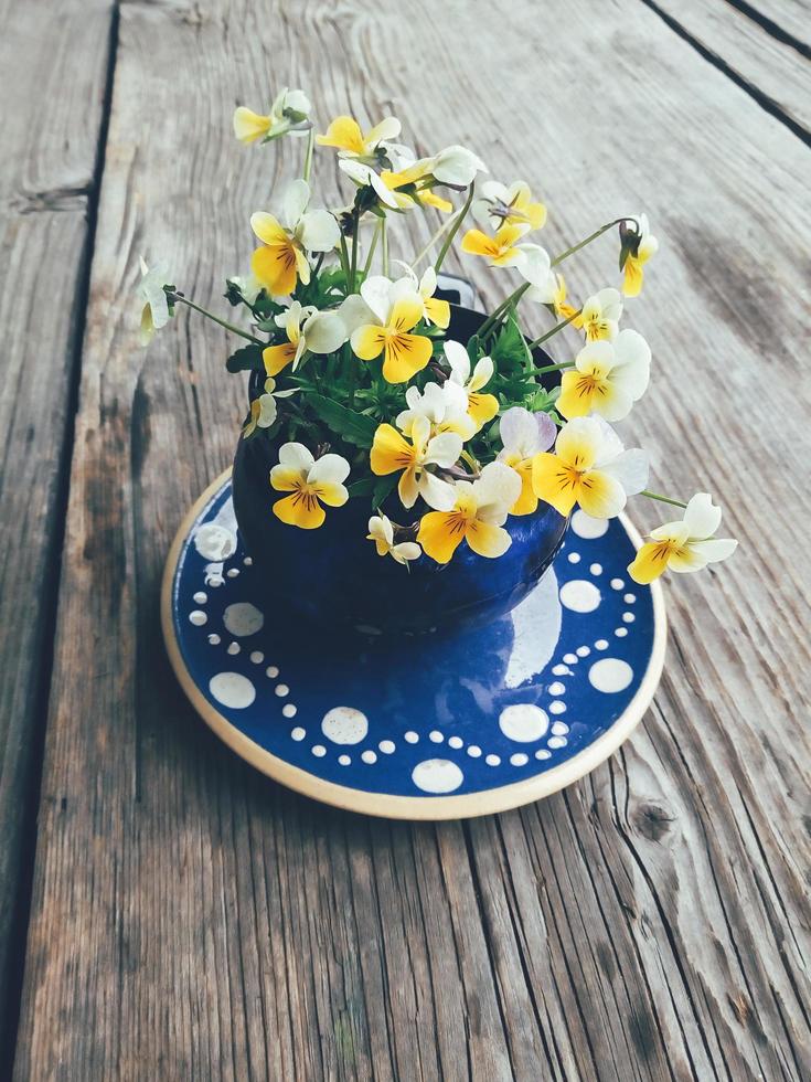 Yellow pansy flowers in blue ceramic cup on saucer, on wooden veranda background. Still life in rustic style. Close up view. Summer or spring in garden, countryside lifestyle concept. Copy space photo