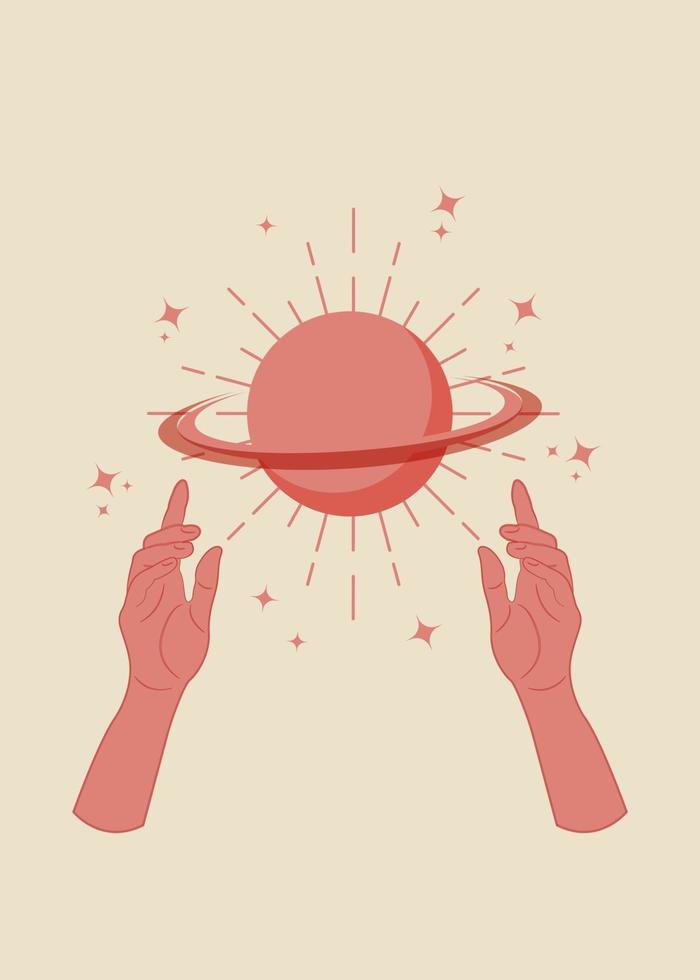 alchemy esoteric mystical magic planet symbol with hands, boho style vector