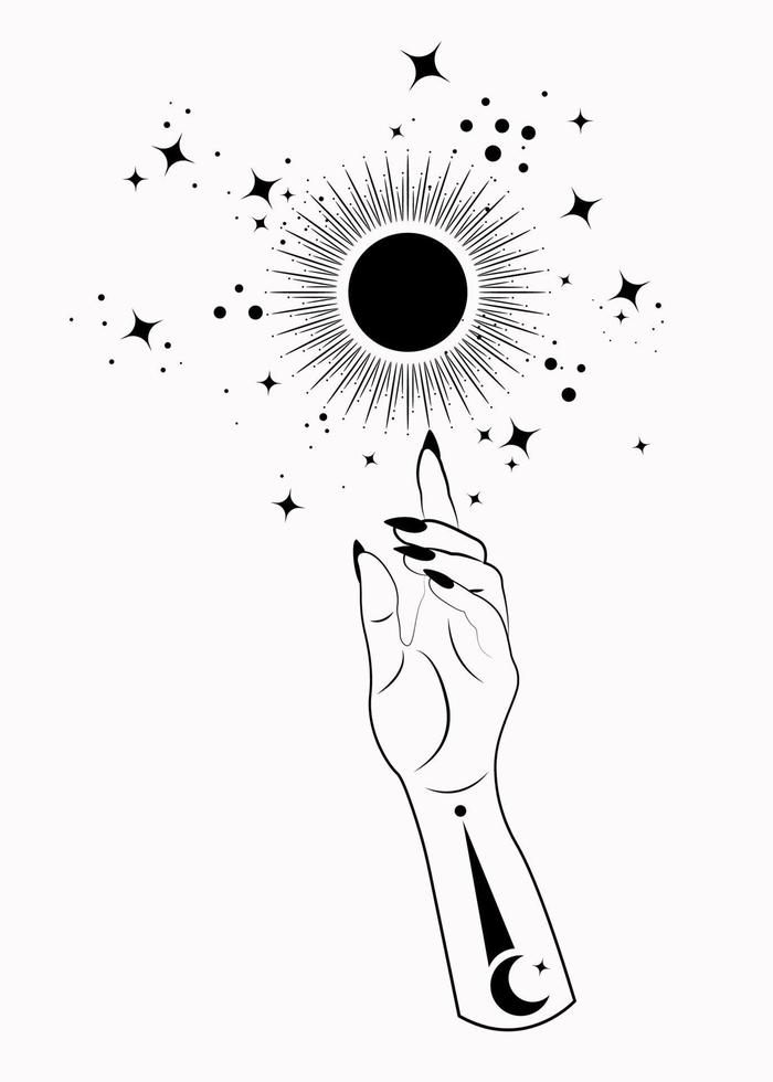 mujer mística mano alquimia esotérica magia símbolo del sol, geometría sagrada vector