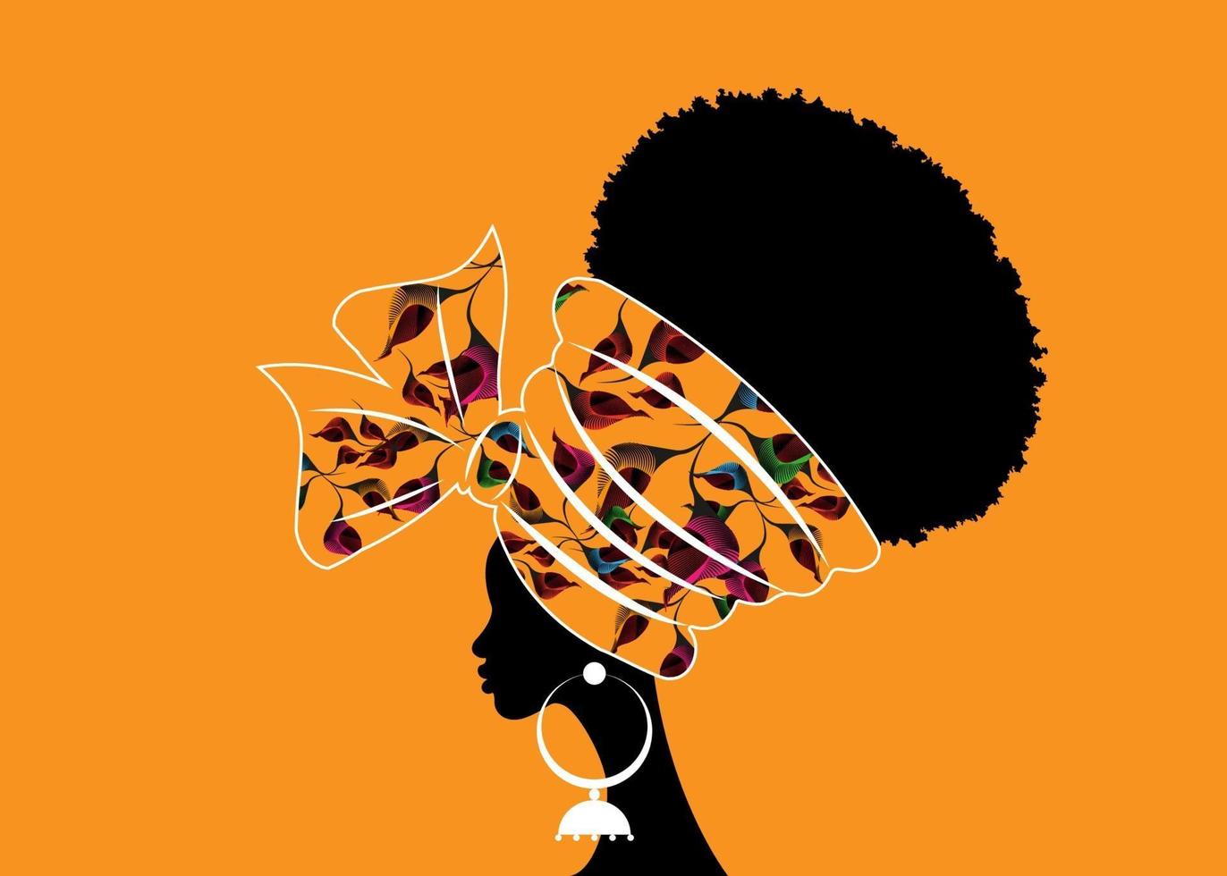 retrato, hermoso, mujer africana, en, tradicional, turbante, flores, motivo vector