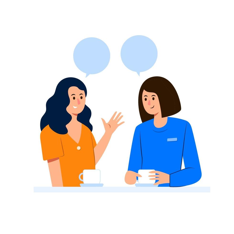 Two female friends with speech bubbles at coffee shop in flat design vector