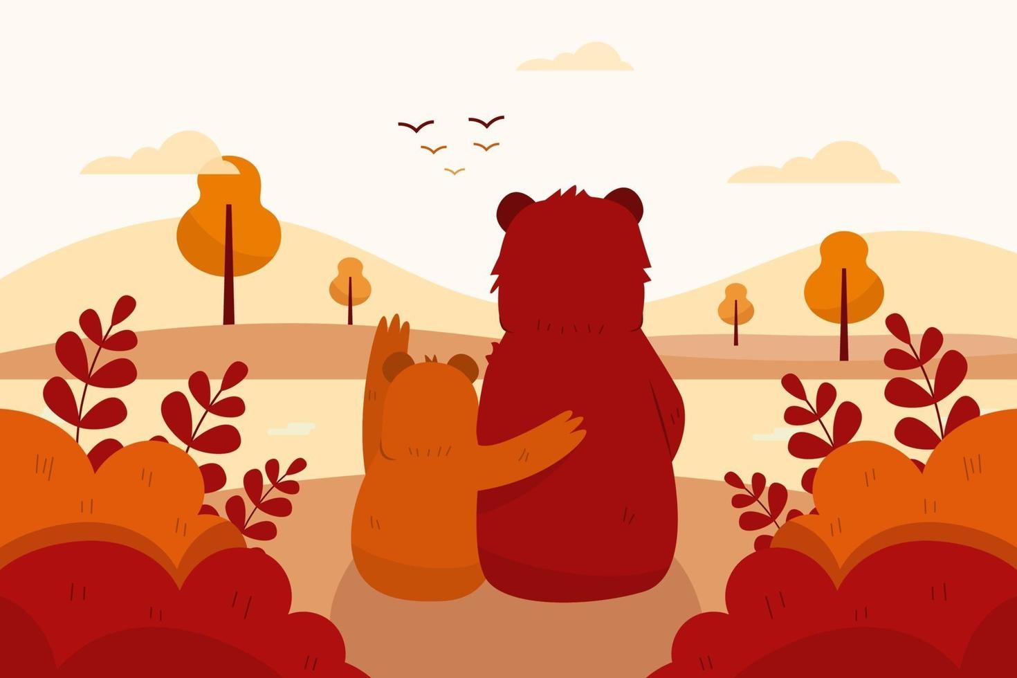 Autumn background with bears, trees and landscape, lovely scene vector