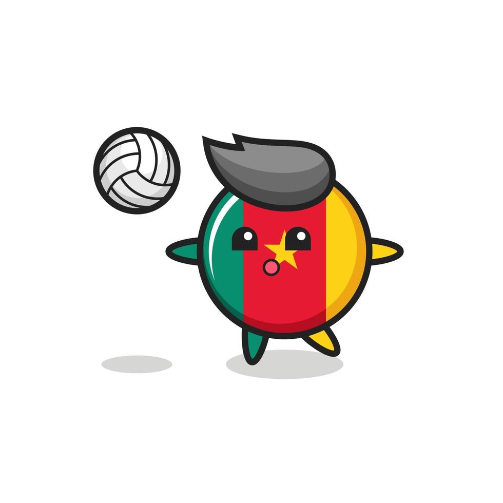 personaje de dibujos animados de la insignia de la bandera de camerún está jugando voleibol vector