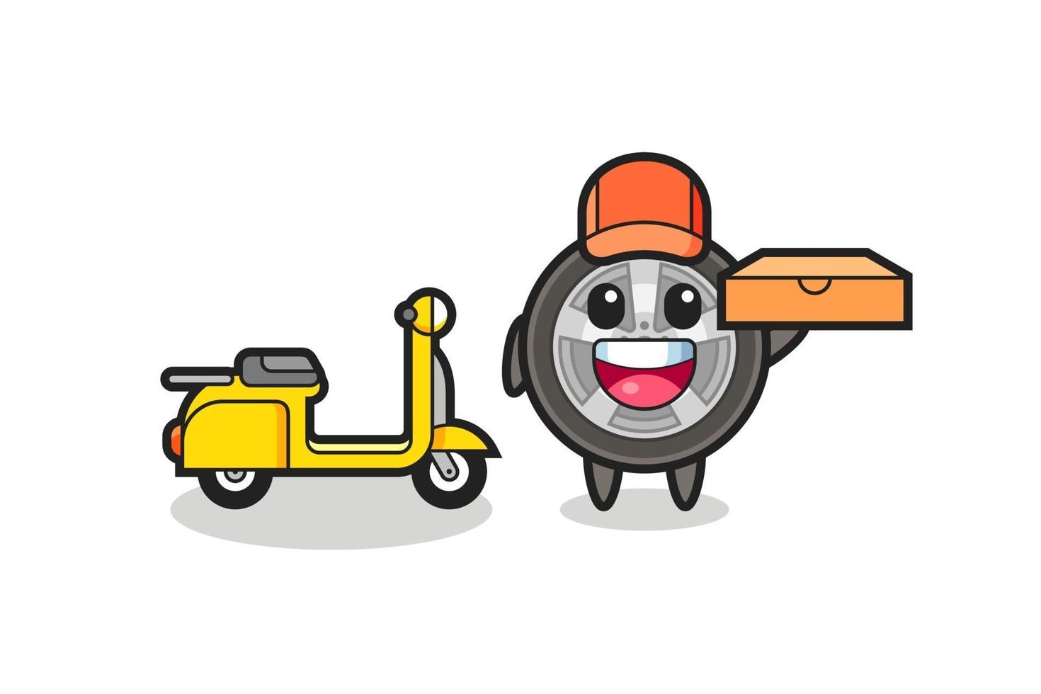 Character Illustration of car wheel as a pizza deliveryman vector