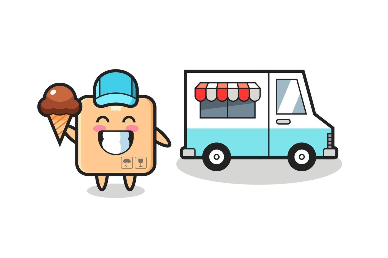 Mascot cartoon of cardboard box with ice cream truck vector