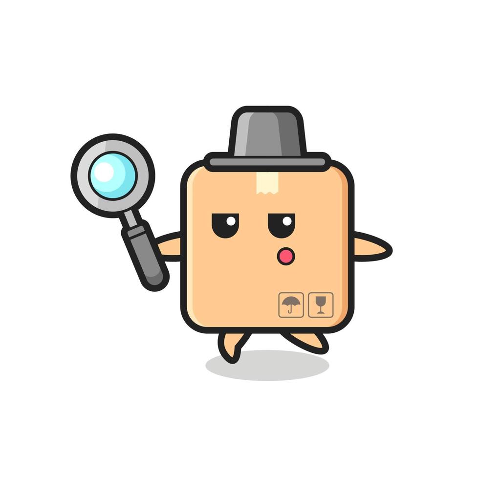 cardboard box cartoon character searching with a magnifying glass vector