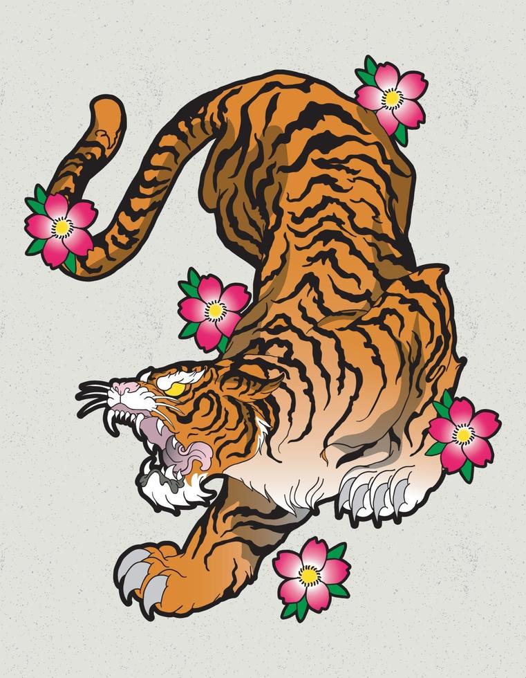 tiger japan tattoo cherry flower vector