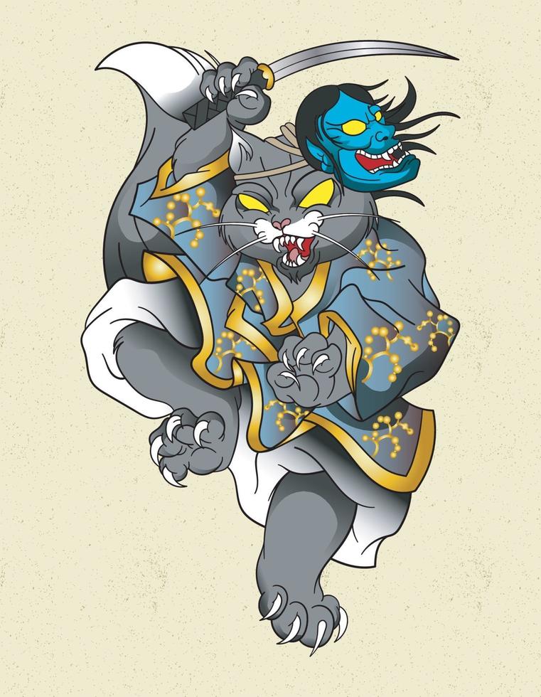 cat samurai hannya vector