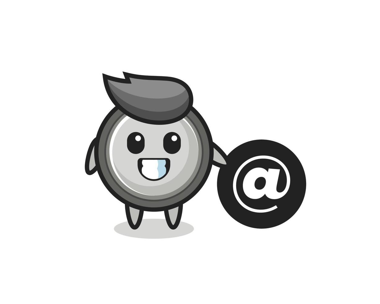 Cartoon Illustration of button cell standing beside the At symbol vector