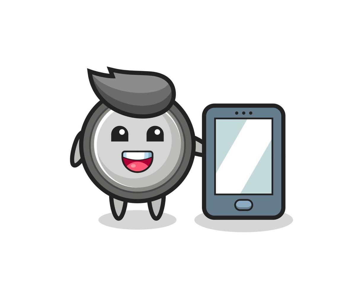 button cell illustration cartoon holding a smartphone vector