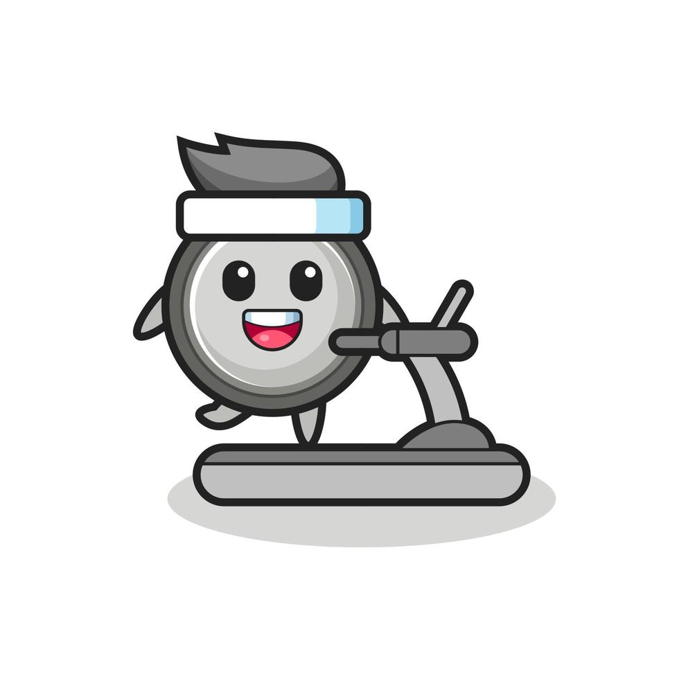 button cell cartoon character walking on the treadmill vector