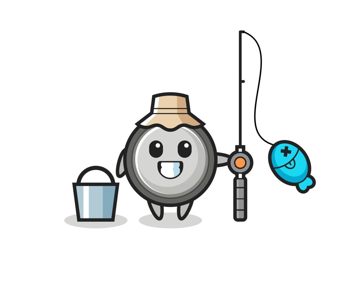 Personaje de mascota de pila de botón como pescador. vector