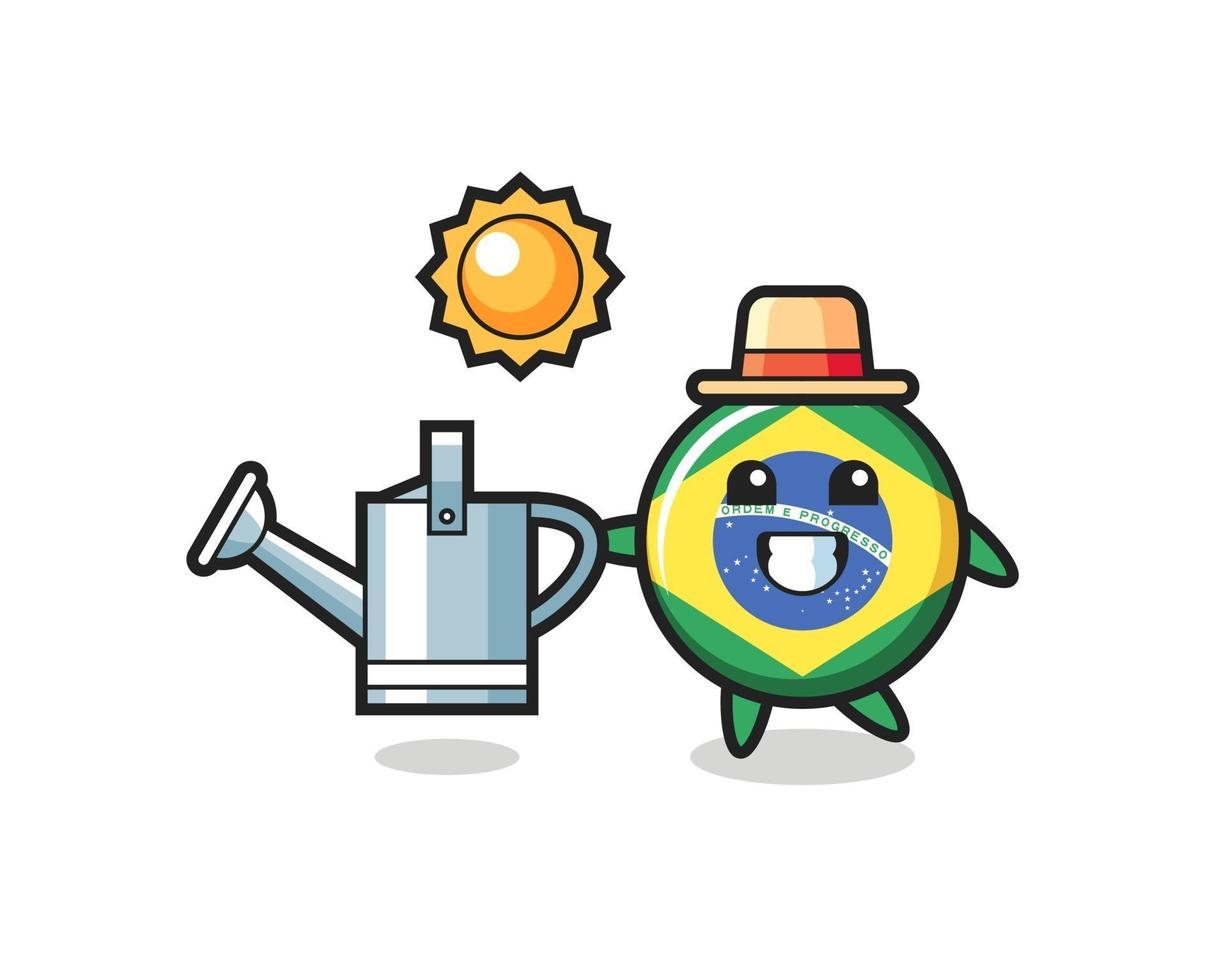 Cartoon character of brazil flag badge holding watering can vector