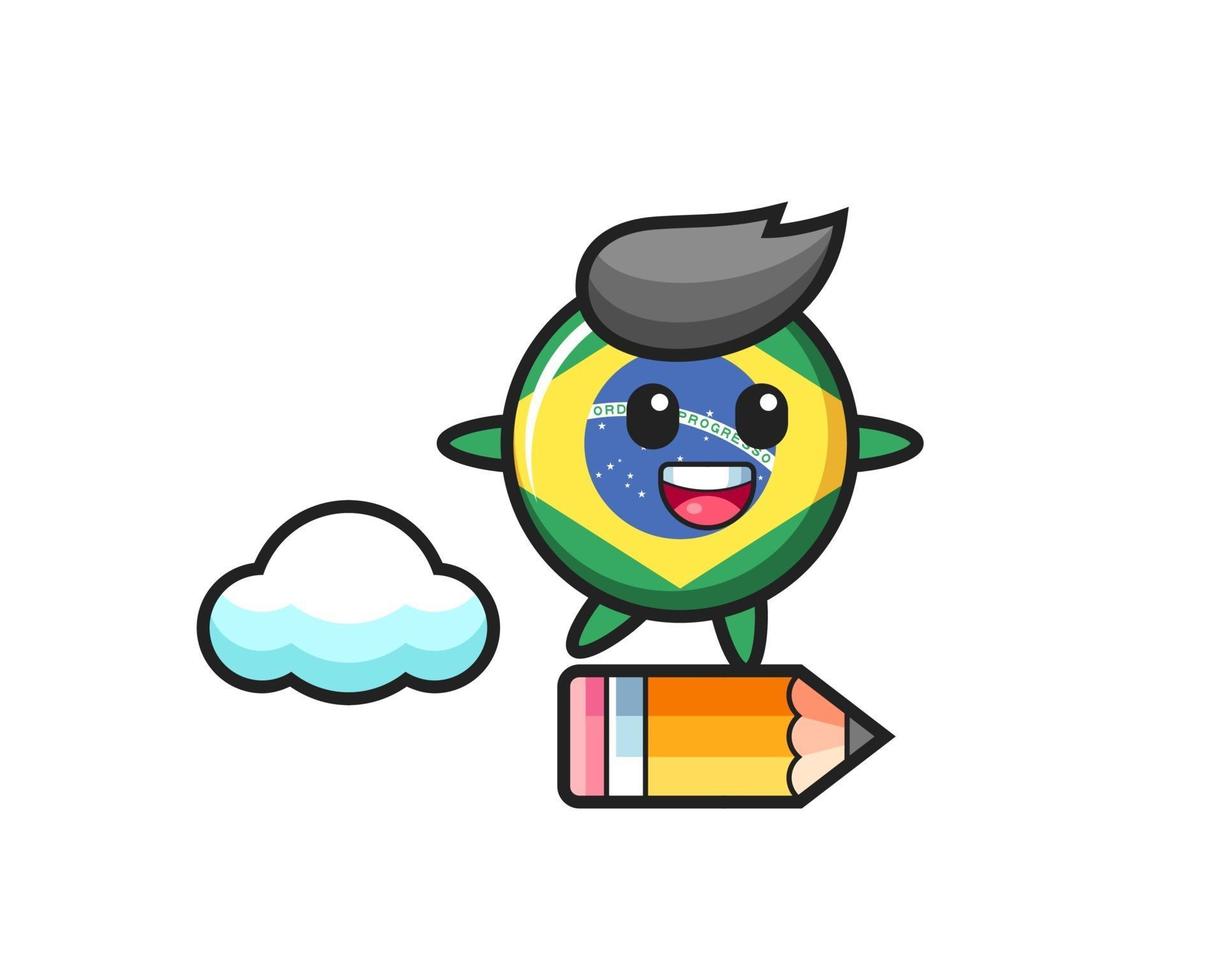 brazil flag badge mascot illustration riding on a giant pencil vector