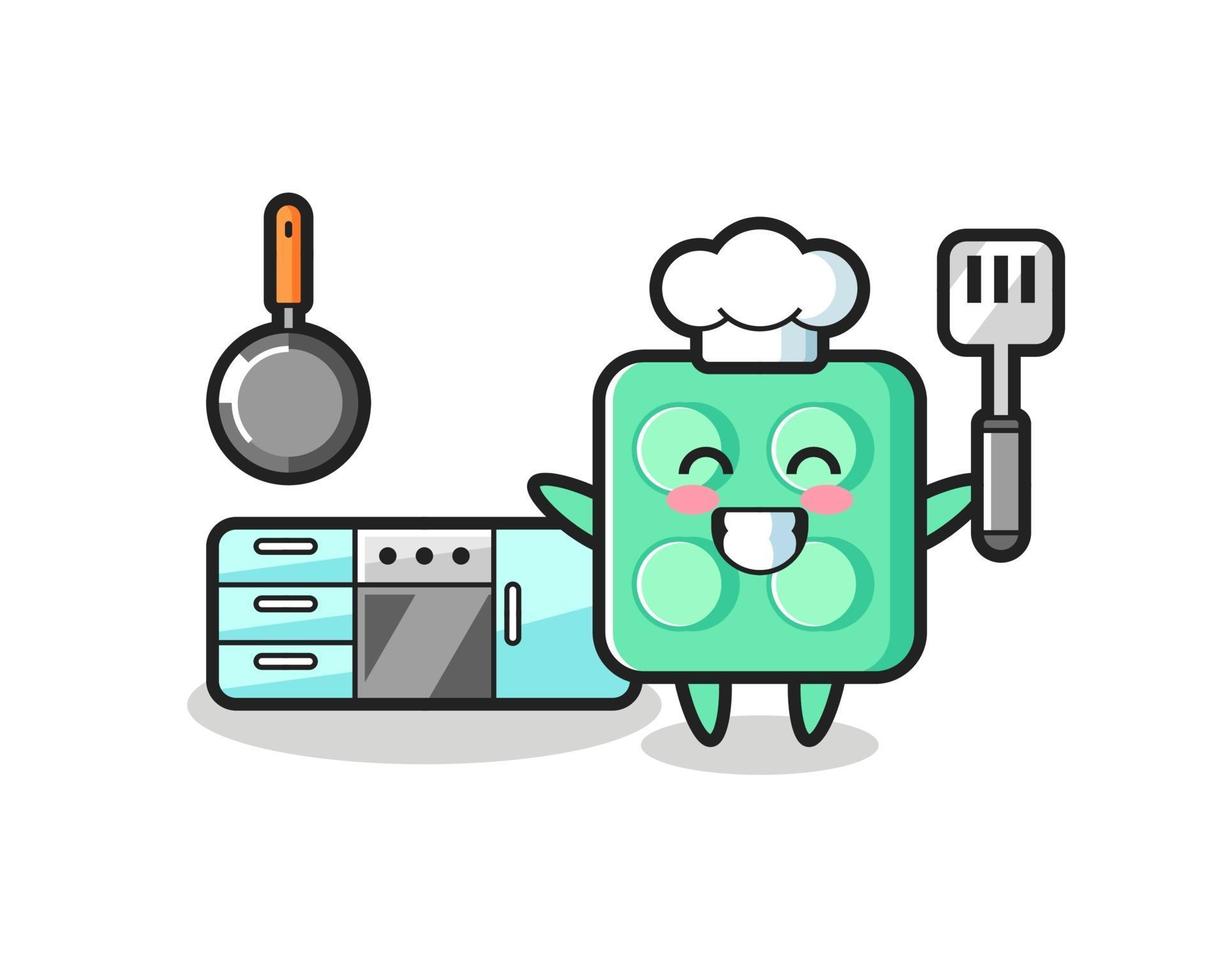 ilustración de personaje de juguete de ladrillo mientras un chef está cocinando vector