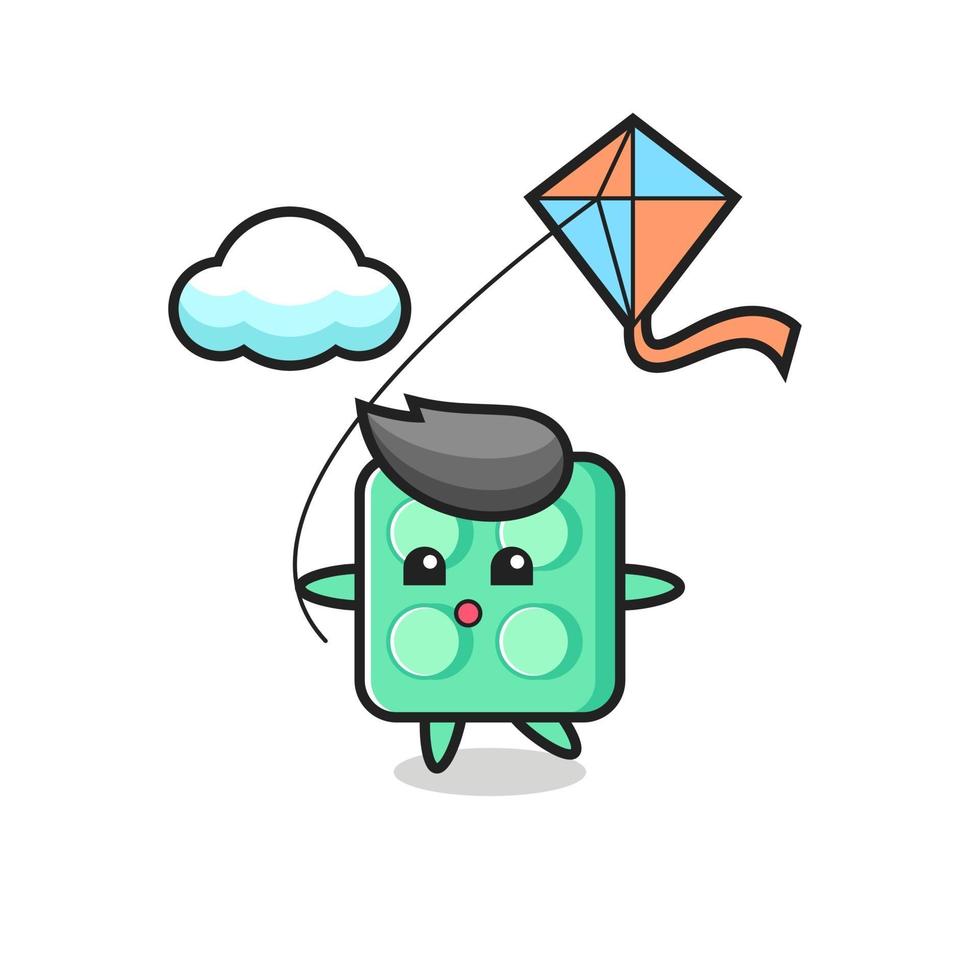 brick toy mascot illustration is playing kite vector