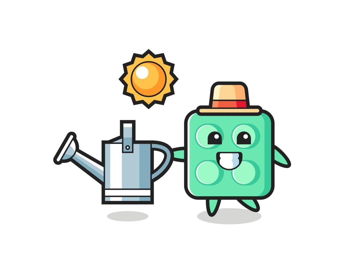 Cartoon character of brick toy holding watering can vector