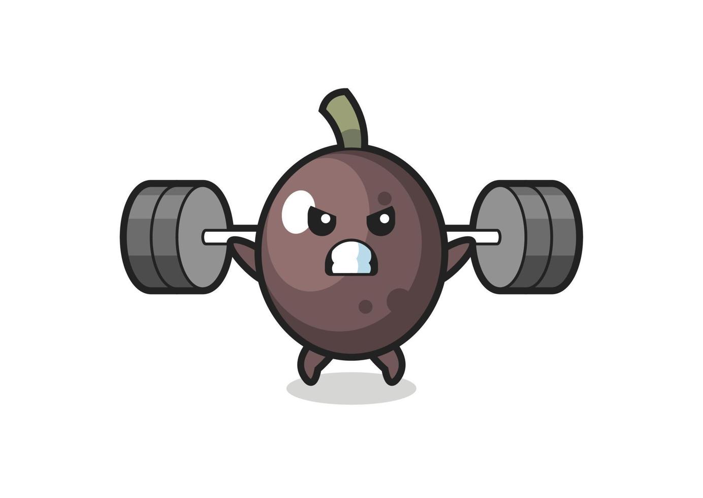 black olive mascot cartoon with a barbell vector