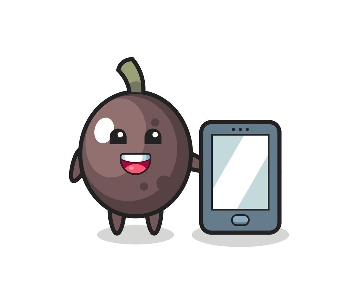 dibujos animados de ilustración de aceituna negra sosteniendo un smartphone vector