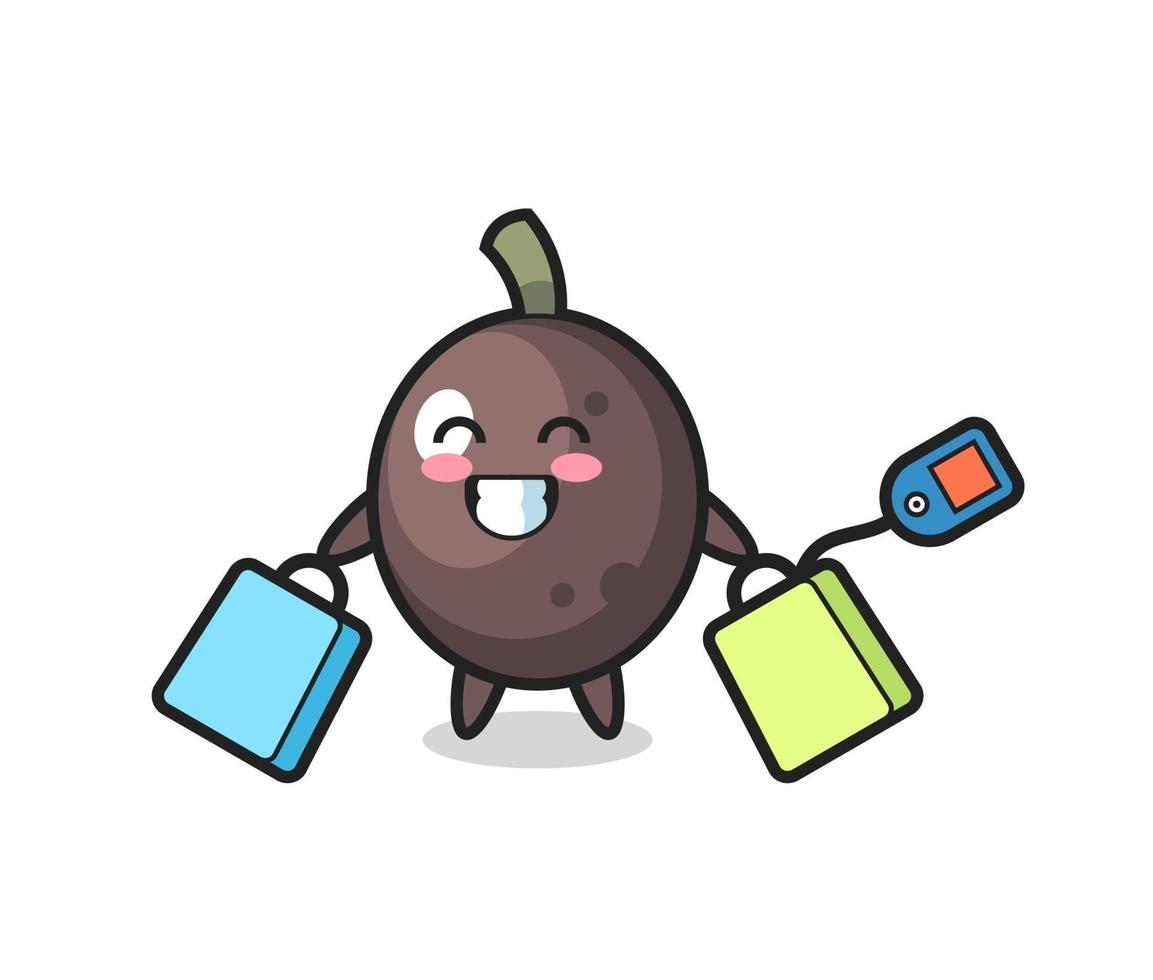 black olive mascot cartoon holding a shopping bag vector