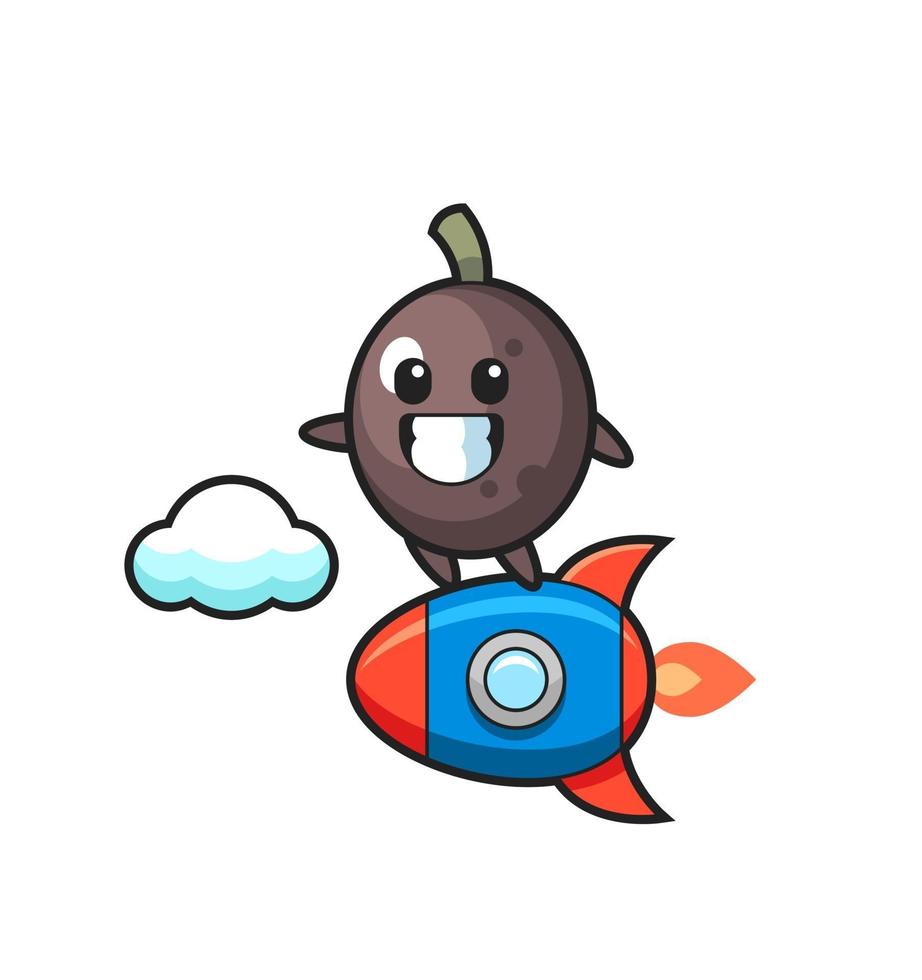 black olive mascot character riding a rocket vector