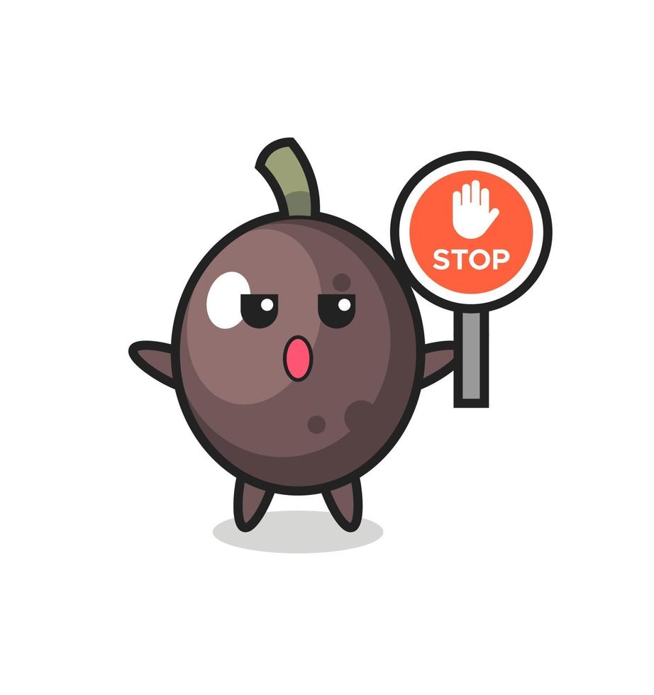 ilustración de personaje de aceituna negra con una señal de stop vector