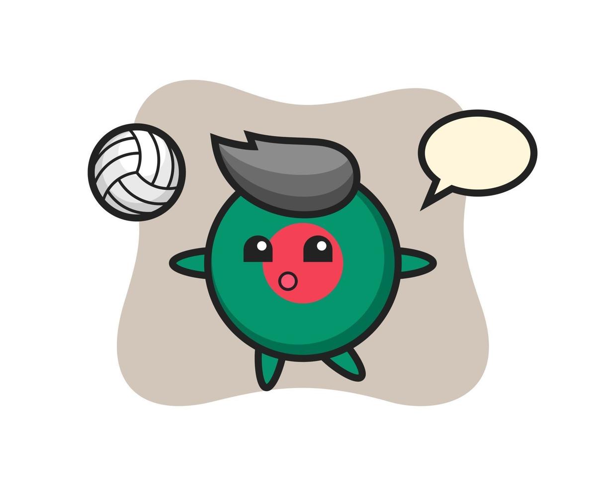 personaje de dibujos animados de la insignia de la bandera de bangladesh está jugando voleibol vector