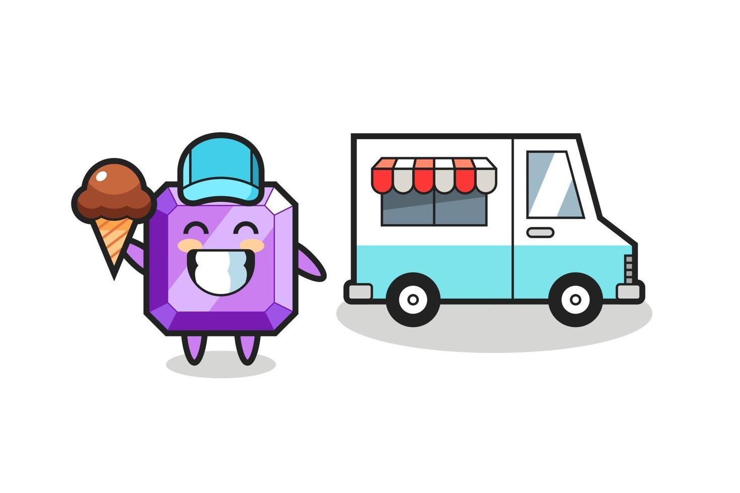 Mascot cartoon of purple gemstone with ice cream truck vector