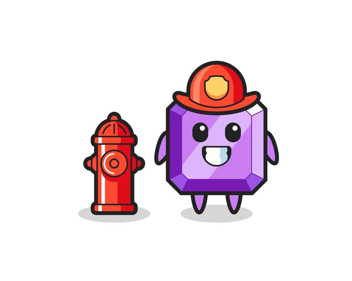Personaje de mascota de piedra preciosa púrpura como bombero. vector