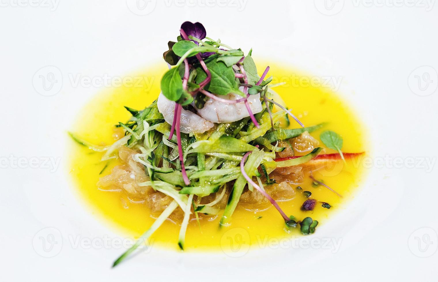 Korean rice vinegar marinated raw prawn and vegetable spicy Asian salad photo