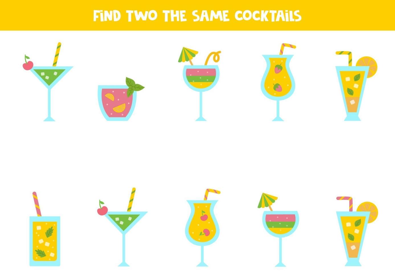 Find two identical colorful cocktails. Educational game vector