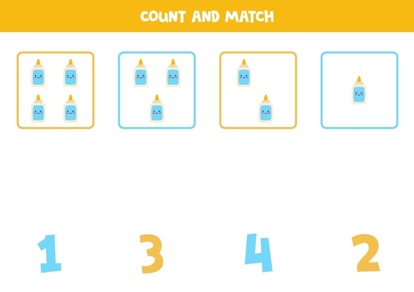 Counting game with cute kawaii glue. Math worksheet. vector