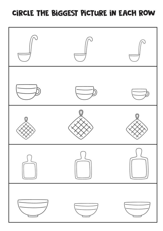 encuentre la imagen más grande de los utensilios de cocina en cada fila. vector