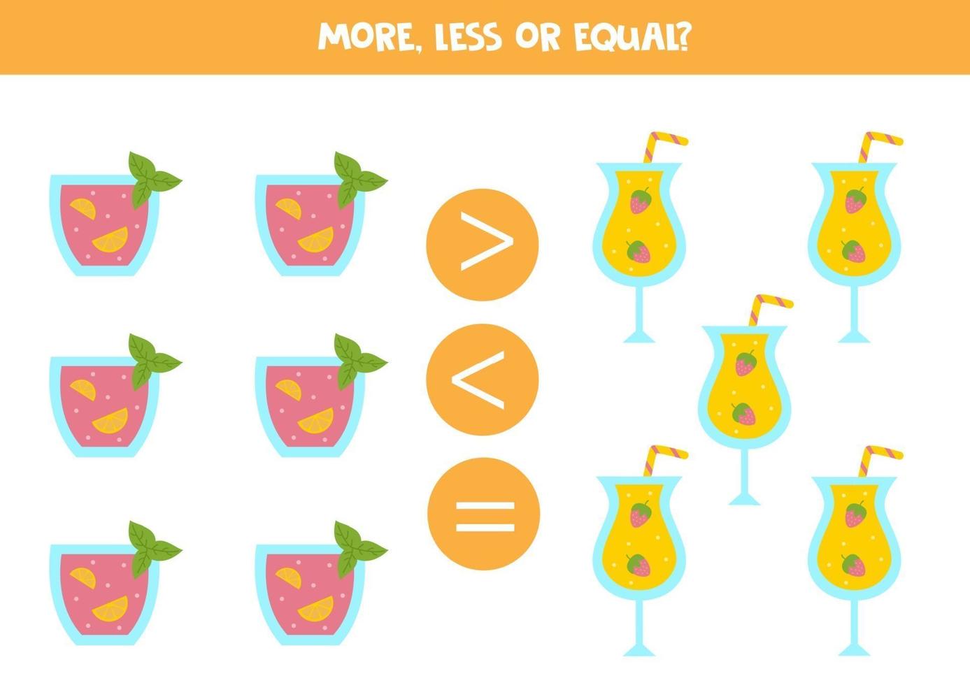 More, less, equal with summer cocktails. Math comparison. vector