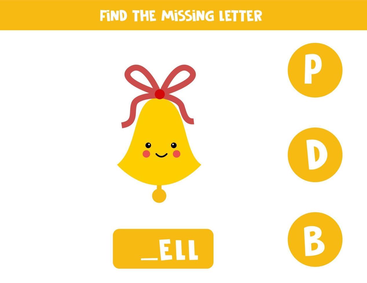 Find missing letter with cute bell. Spelling worksheet. vector