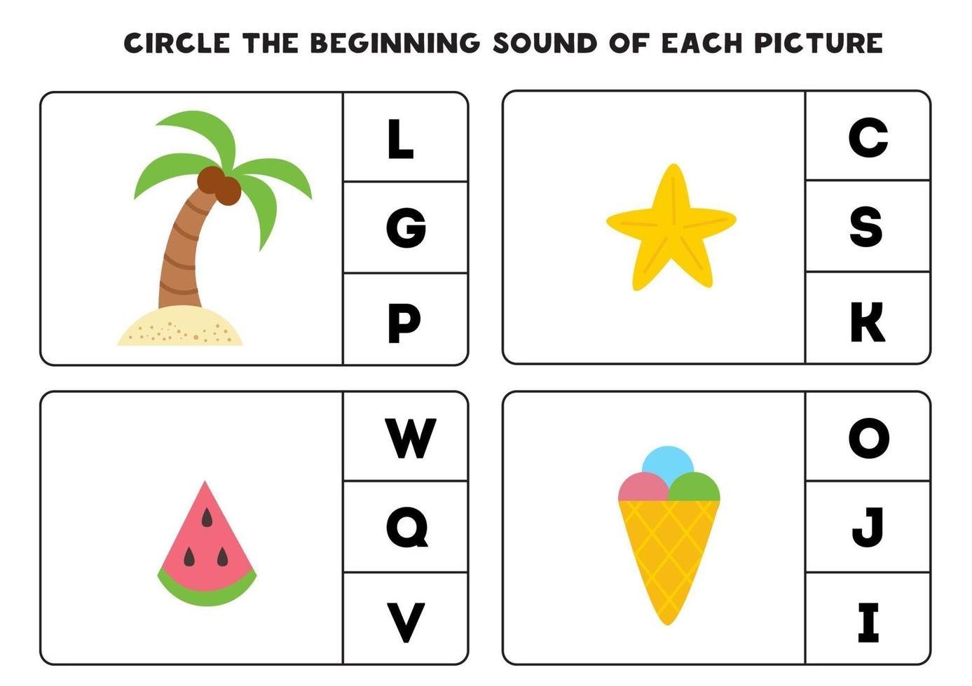 Worksheet for kids. Find the beginning sound of cute summer elements. vector