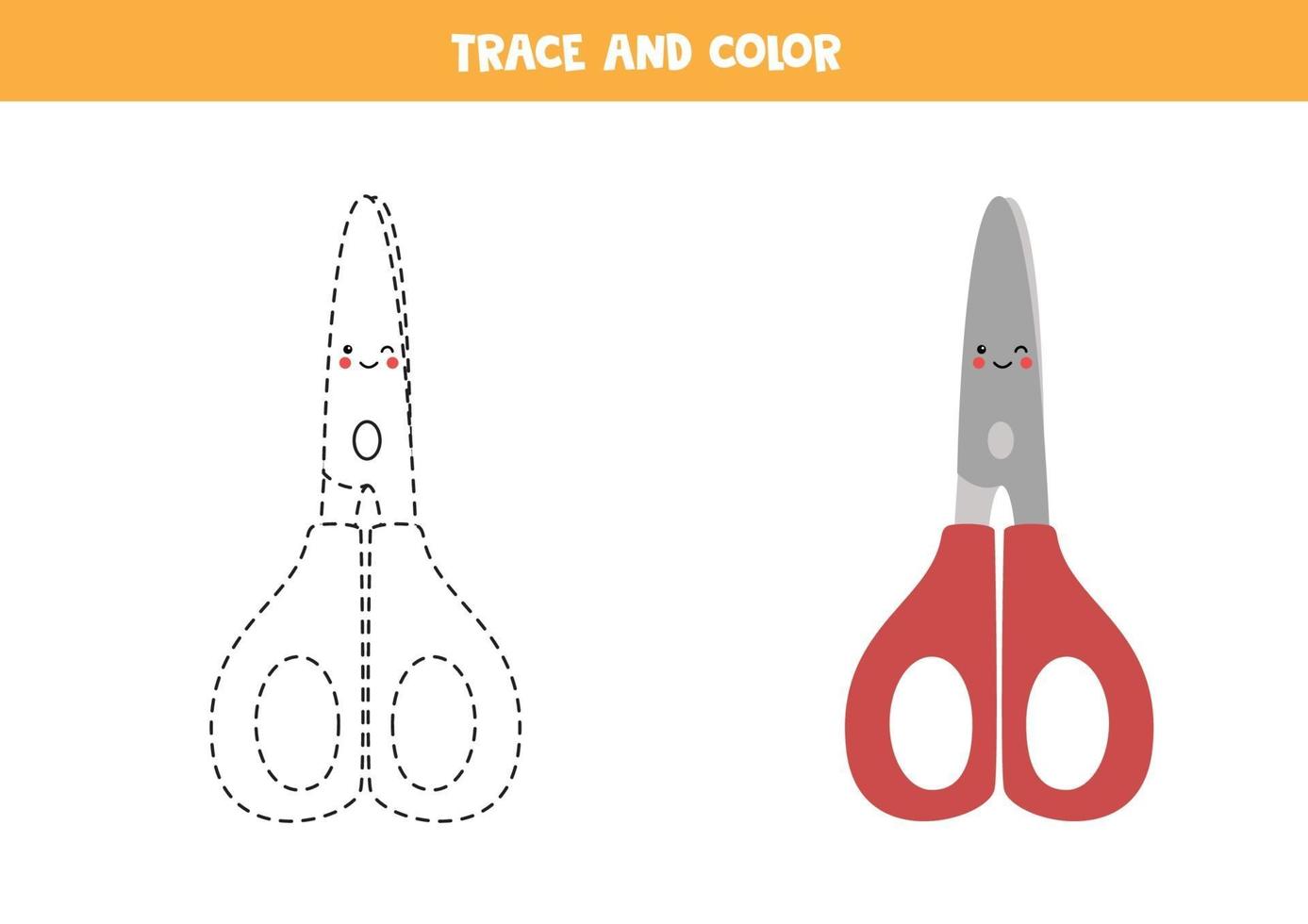 Trace and color cute kawaii scissors. Worksheet for kids. vector