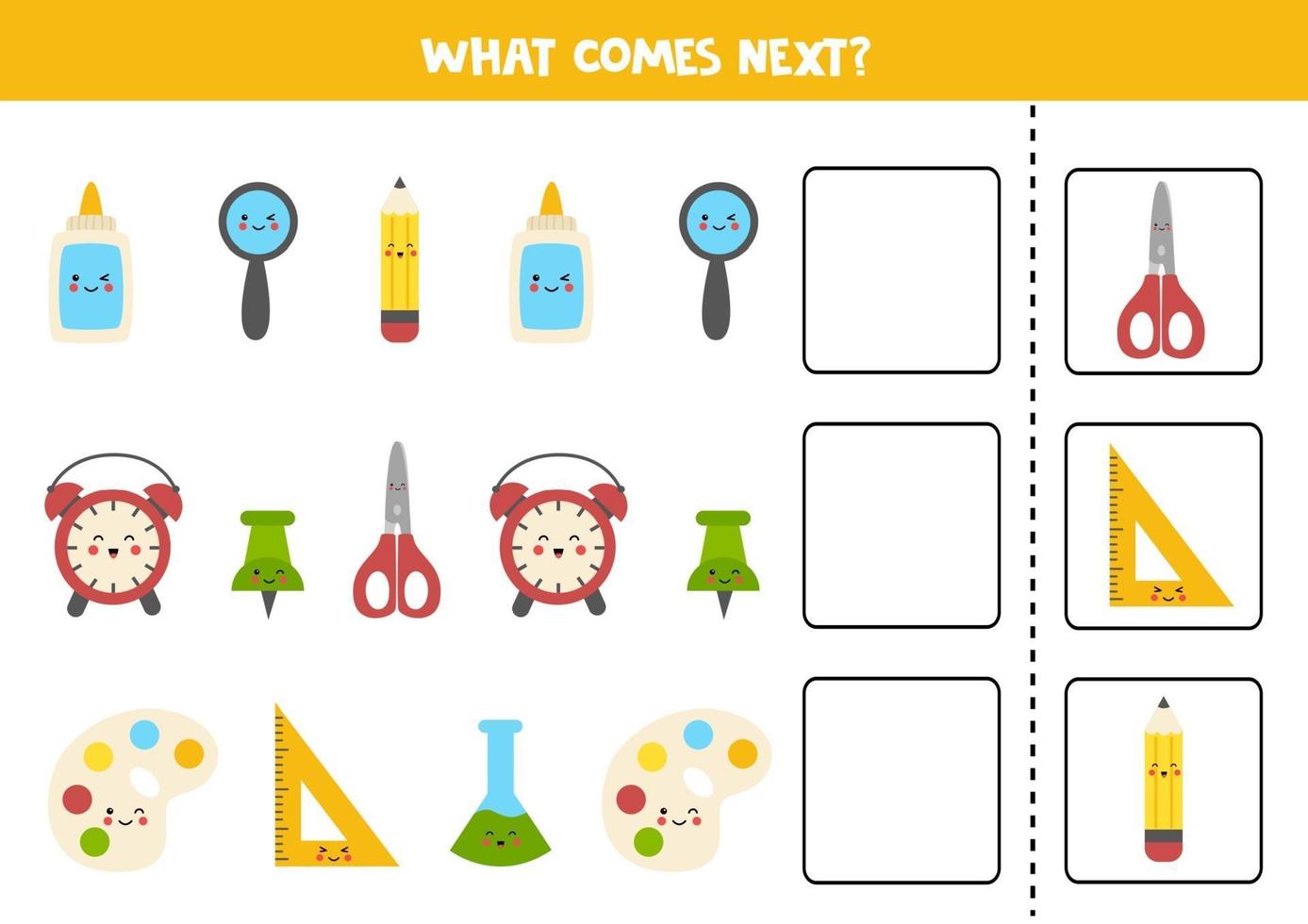 What comes next game with cute kawaii school supplies. vector