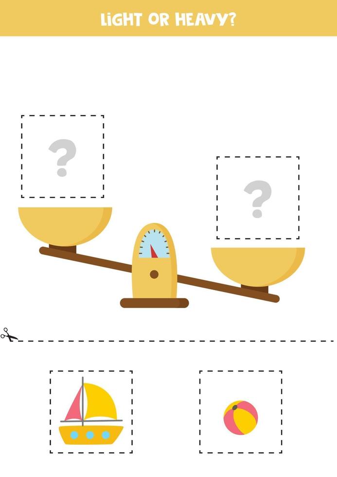 Light, heavy or equal. Cut pictures below and glue to the right box. vector